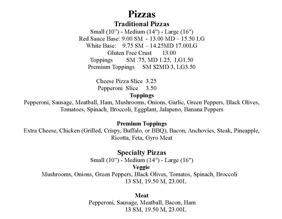 Lanesboro Pizza menu page 1